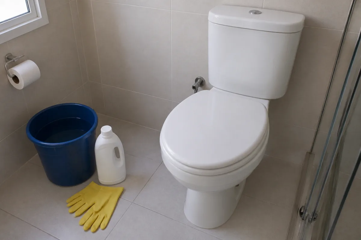 Vaso sanitário branco com a tampa fechada, um balde com água, um frasco de detergente e luvas amarelas no chão de um banheiro claro