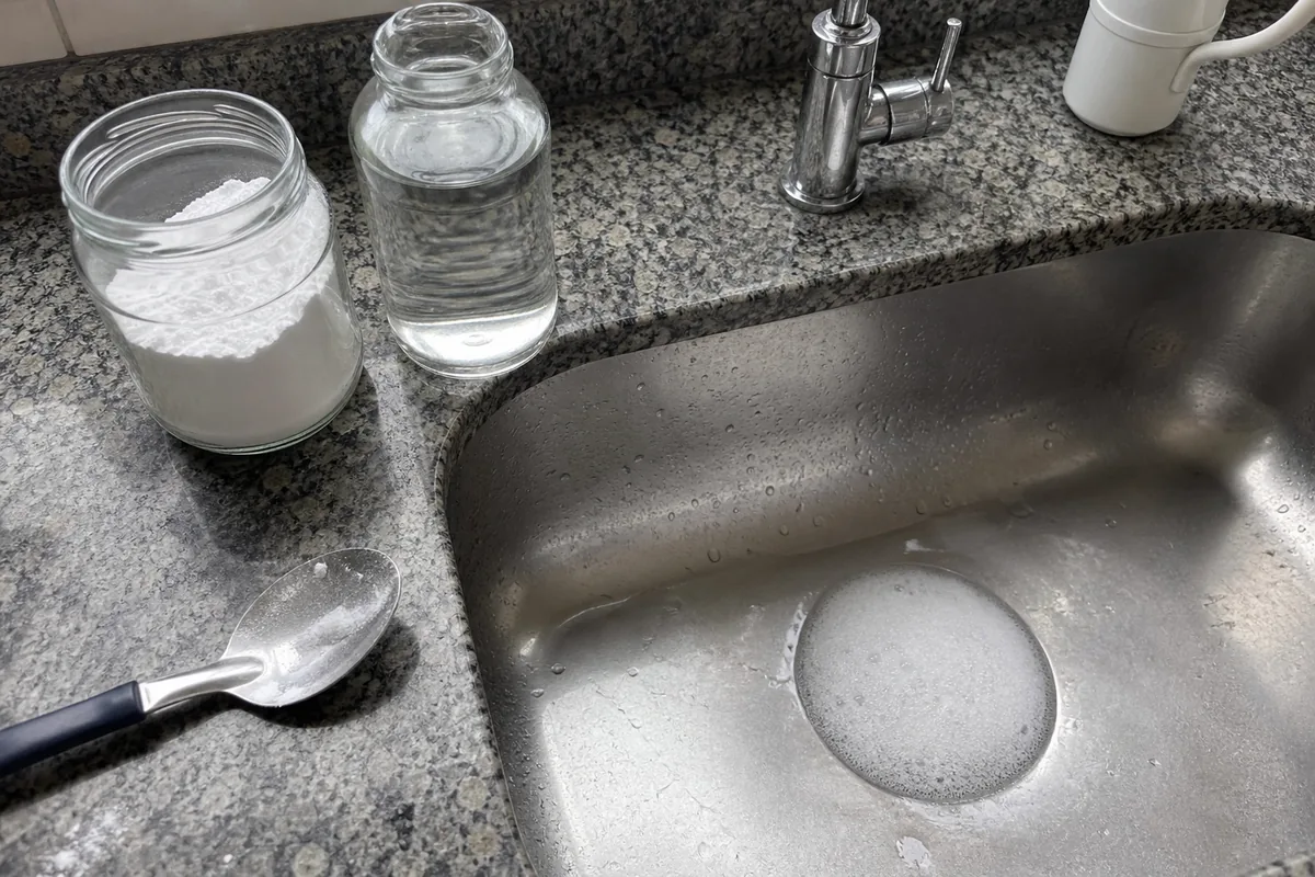 Espuma de bicarbonato e vinagre no ralo de uma pia de inox, com o pote de bicarbonato, o vinagre e uma colher na bancada de granito