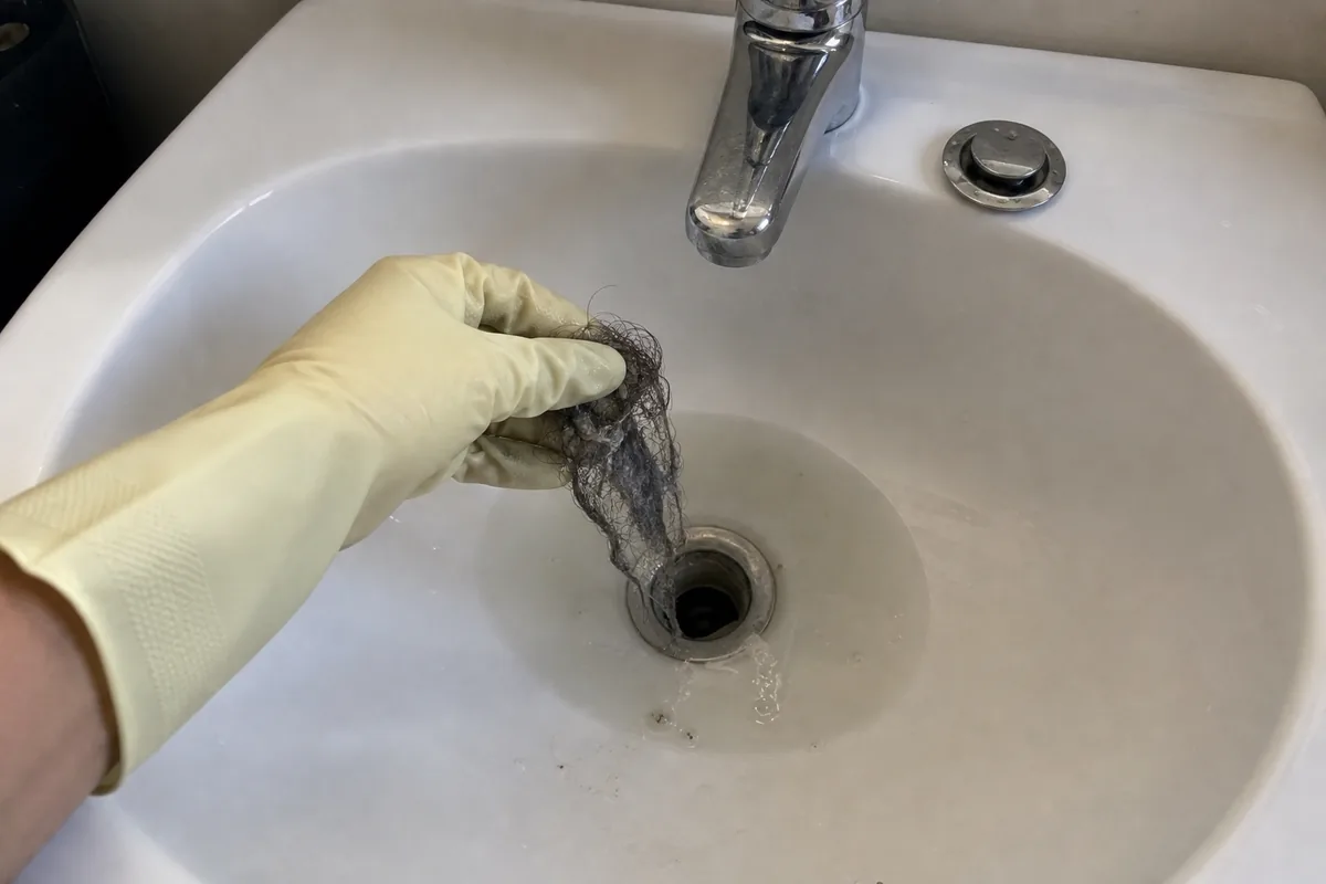 Mão com luva de borracha puxando um tufo de cabelo do ralo de uma pia de banheiro de louça branca