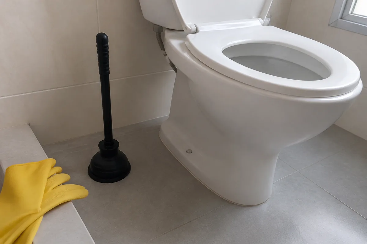 Desentupidor de borracha e luvas de limpeza ao lado de um vaso sanitário branco num banheiro de azulejo claro