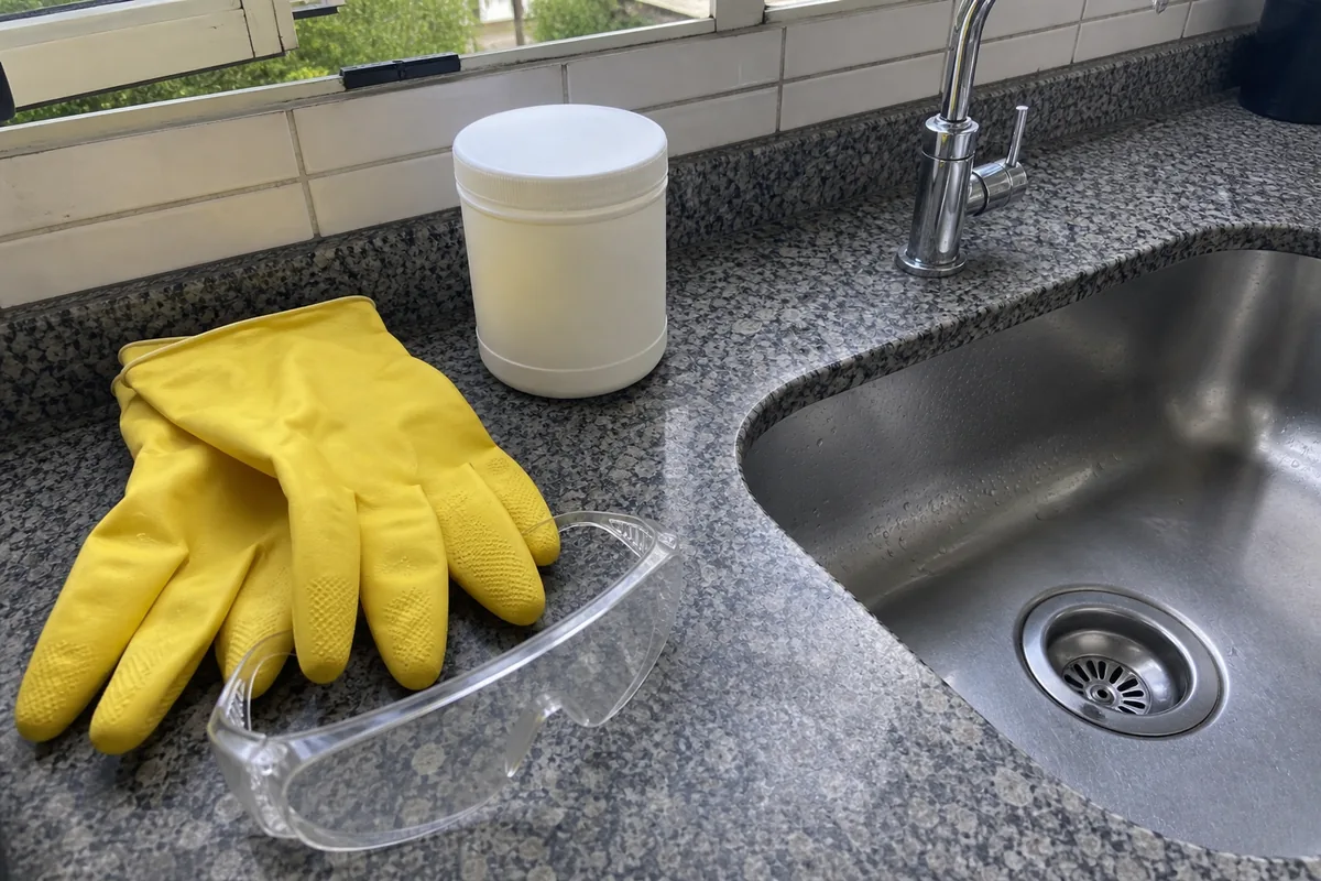 Luvas de borracha amarelas, óculos de proteção e um pote branco fechado na bancada, ao lado do ralo de uma pia de inox
