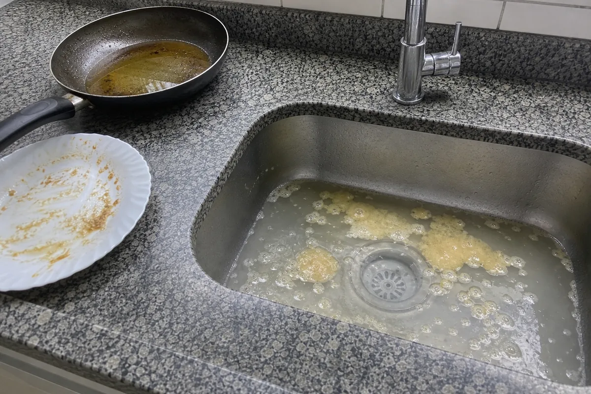 Pia de cozinha de inox entupida, com água parada e gordura amarelada boiando perto do ralo, ao lado de uma frigideira com óleo e um prato sujo