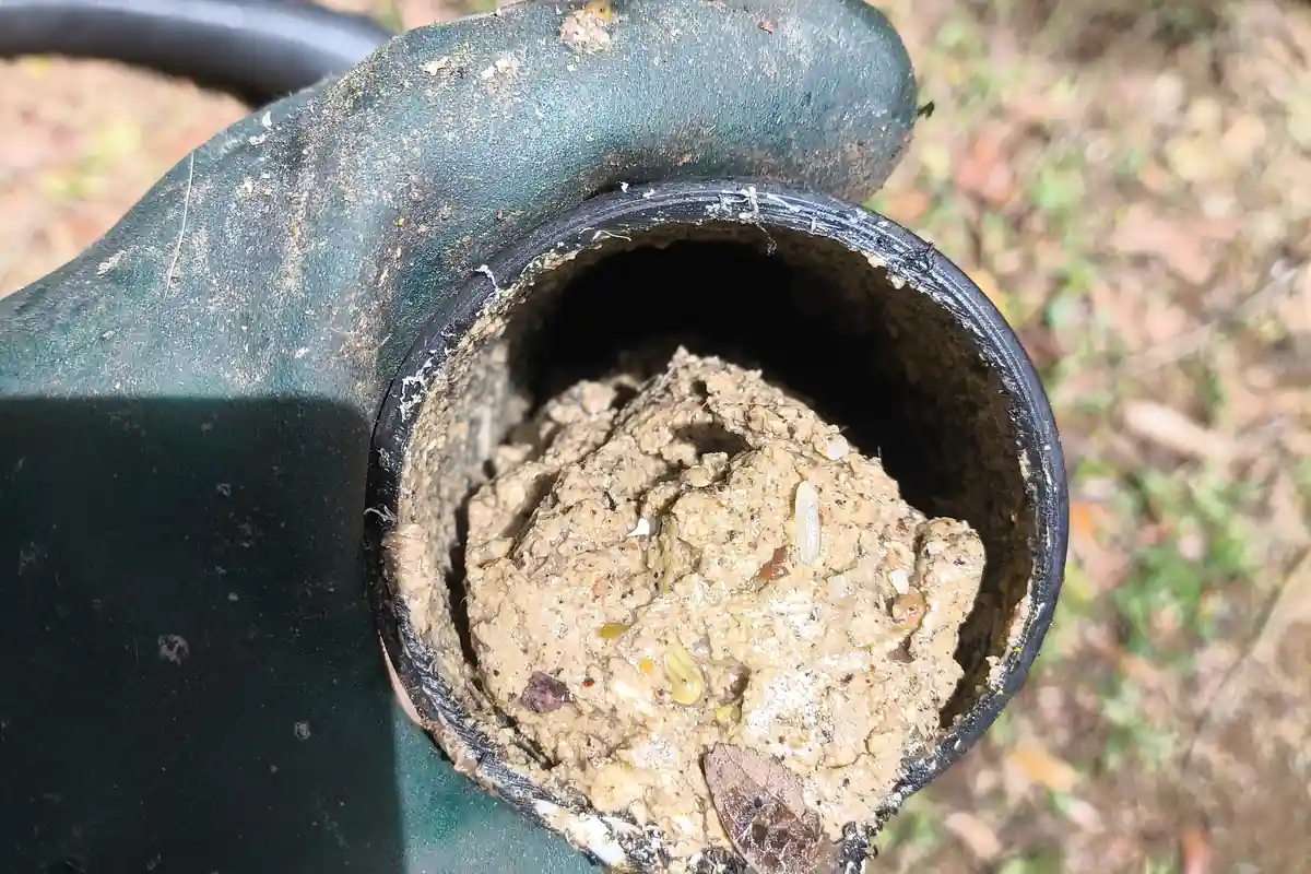 Tubo de esgoto com massa de resíduo endurecido por dentro, seguro por mão com luva