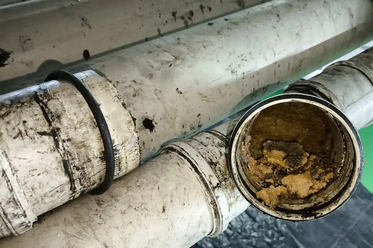 Tubos brancos de esgoto, um deles aberto mostrando o interior obstruído por resíduo endurecido
